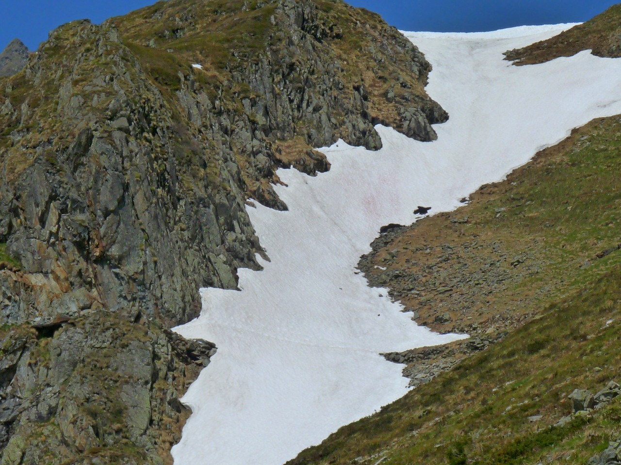 aber dann sehen wir im weiteren Verlauf dieses sehr lange Schneefeld und das können wir mit den Hunden nicht queren.
